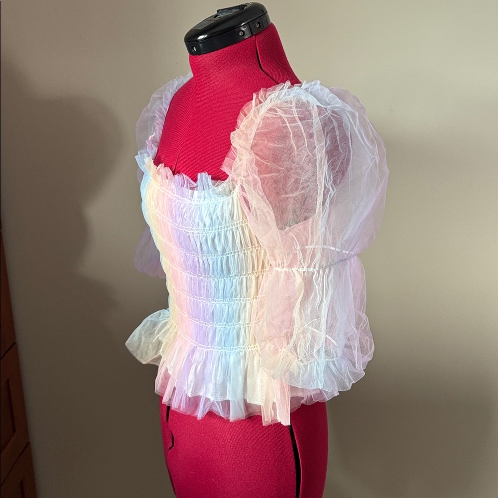 NWOT 🧚 Fairycore Rainbow Puff Sleeve Blouse Tulle Shired Top Sz S - Picture 3 of 9